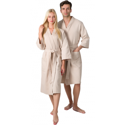 Waffle dressing gown Kimono unisex "Diamonds", beige. Size 46-48