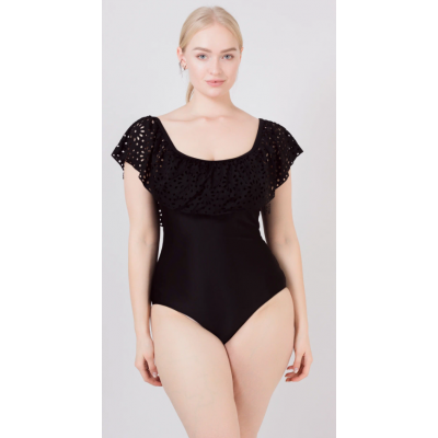 Women's one-piece swimsuit CSiman with ruffles with perforations, black, size 52